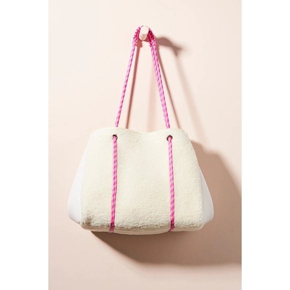 Anthropologie Annie Faux Sherpa Tote Bag in Crema with Pink Cord Handle - Picture 2 of 11
